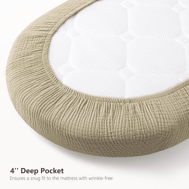 Bearmoss Bassinet Sheets - 2 Pack Muslin Cotton Bassinet Sheets Fits Oval and Rectangle Bassinet Mattress, Breathable and Skin-Friendly for Baby Boy and Girl (Cream&Olive Green) - Image 3